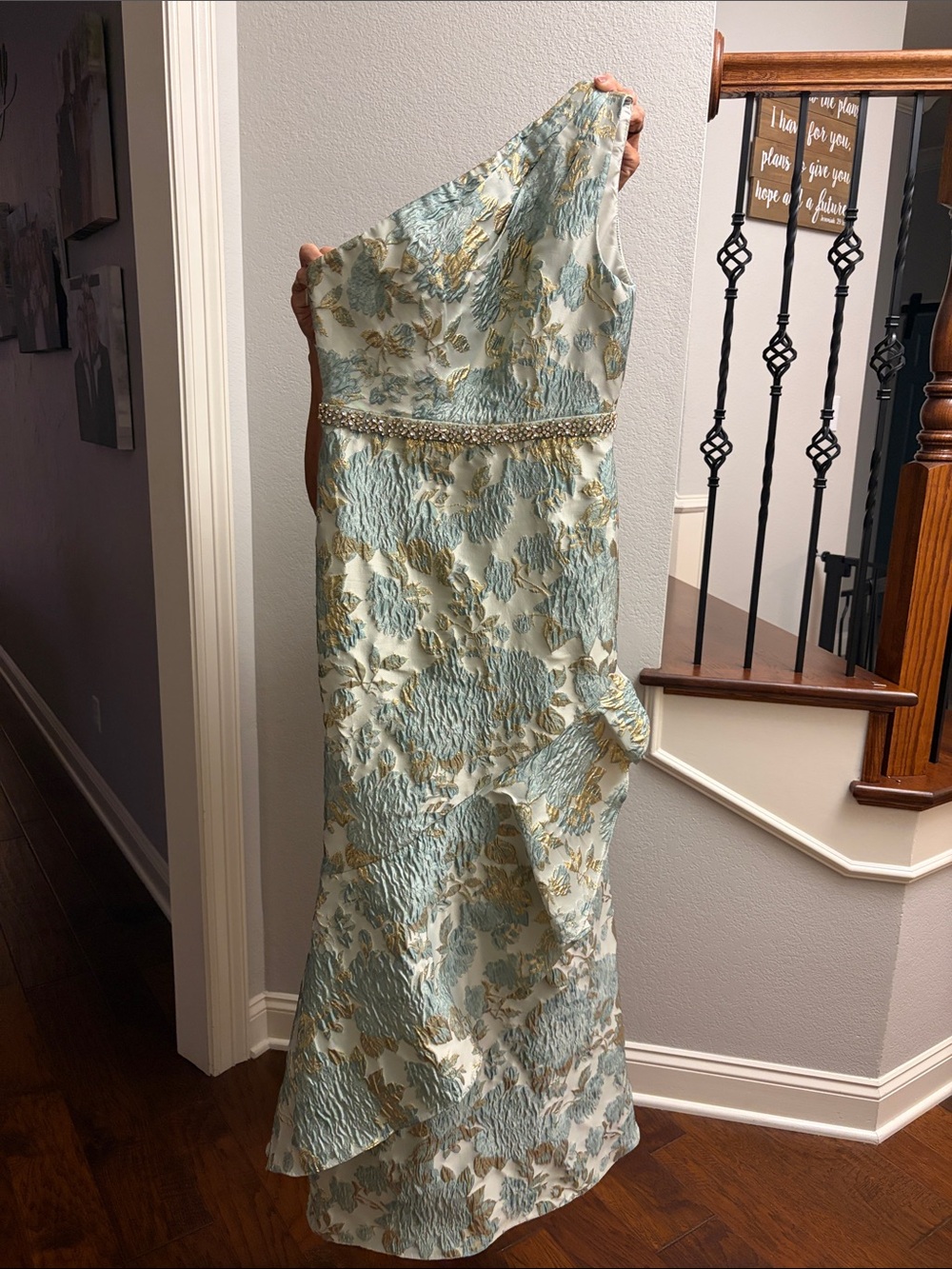 One-Shoulder Sage Green and Gold Floral Evening Dress